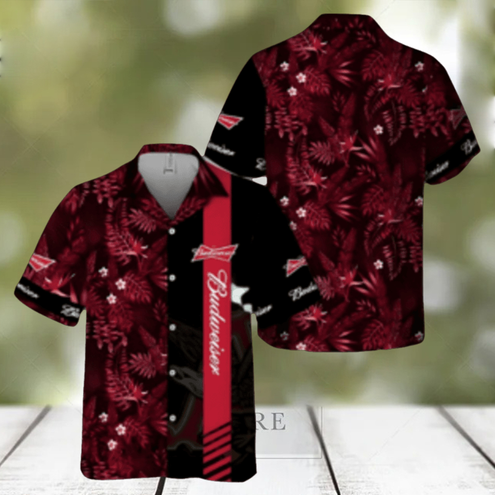 Budweiser Beer Hawaiian Shirt Red Tropical Foliage On Dark Theme