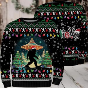 Believe Bigfoot Santa Hat UFO Christmas Ugly Christmas Sweater Believe Bigfoot Santa Hat UFO Christmas Ugly Christmas Sweater