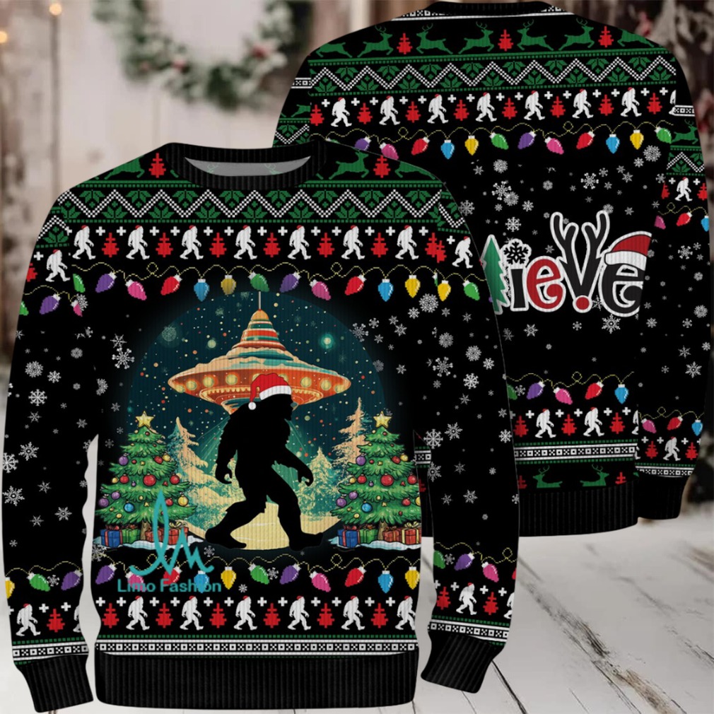 Believe Bigfoot Santa Hat UFO Christmas Ugly Christmas Sweater Believe Bigfoot Santa Hat UFO Christmas Ugly Christmas Sweater