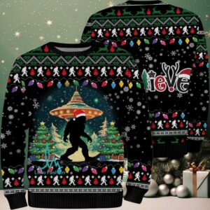 Believe Bigfoot Santa Hat UFO Christmas Ugly Christmas Sweater