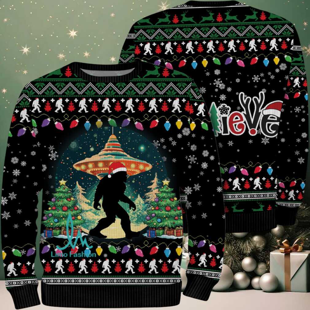 Believe Bigfoot Santa Hat UFO Christmas Ugly Christmas Sweater Believe Bigfoot Santa Hat UFO Christmas Ugly Christmas Sweater