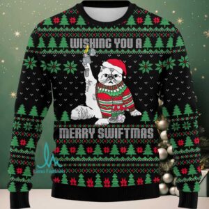 Funny Cat Christmas Hoodie – Wishing You a Merry Swiftmas Ugly Sweater for Cat Lovers