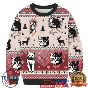 Funny Punk Kittens With Flame Designs And Shopping Cart Motif Christmas Ugly Sweatshirt