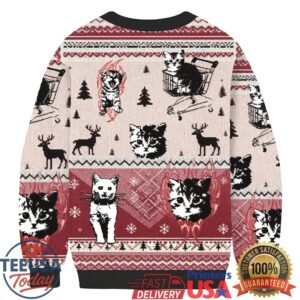 Funny Punk Kittens With Flame Designs And Shopping Cart Motif Christmas Ugly Sweatshirt
