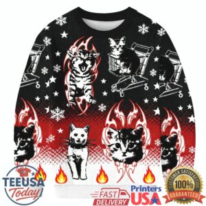 Funny Punk Kittens With Flame Designs And Shopping Cart Motif Christmas Ugly Sweatshirts