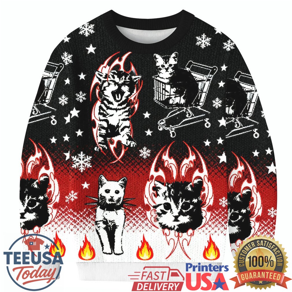 Funny Punk Kittens With Flame Designs And Shopping Cart Motif Christmas Ugly Sweatshirts