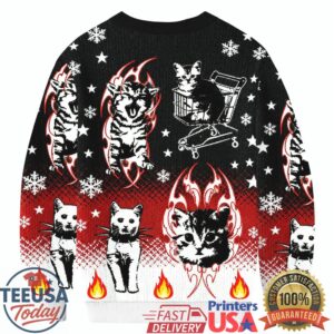 Funny Punk Kittens With Flame Designs And Shopping Cart Motif Christmas Ugly Sweatshirts
