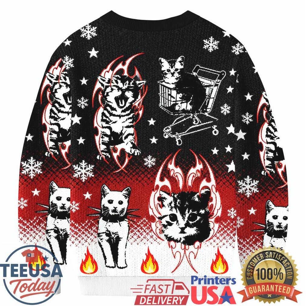 Funny Punk Kittens With Flame Designs And Shopping Cart Motif Christmas Ugly Sweatshirts