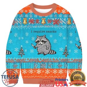 I Require Snacks Funny Raccoon Christmas Ugly Sweatshirt