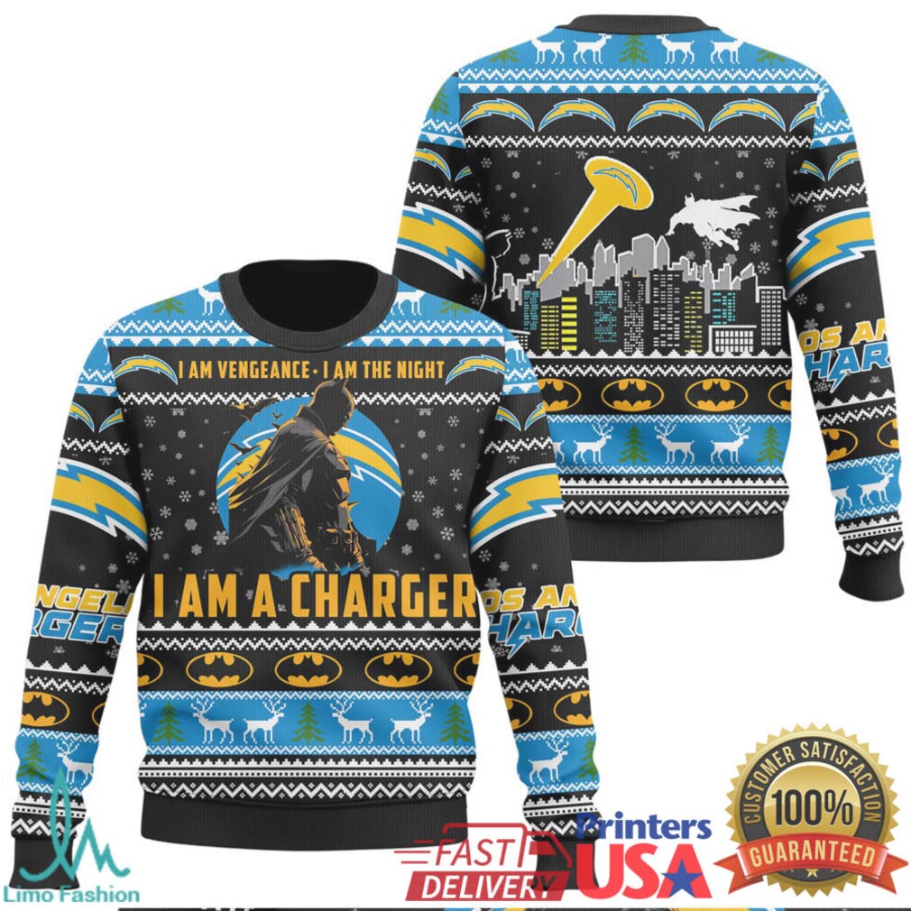 Los Angeles Chargers x Batman I Am Vengeance Ugly Christmas Sweater Los Angeles Chargers x Batman I Am Vengeance Ugly Christmas Sweater