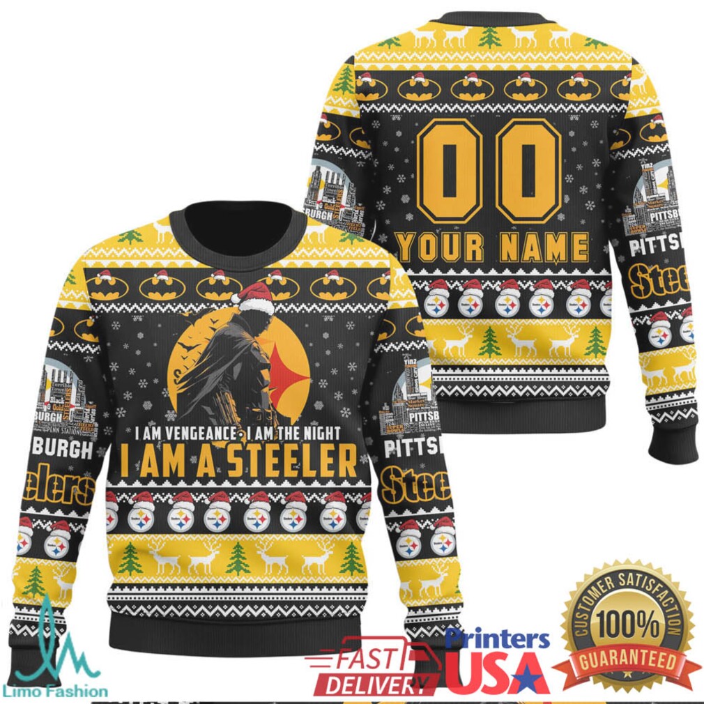 Man wearing Pittsburgh Steelers Batman Ugly Christmas Sweater at a holiday party