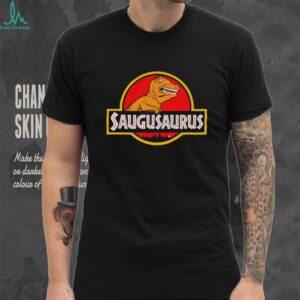 Saugusaurus Orange Dinosaur X Jurassic Park logo shirt