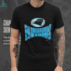 1996 Carolina Panthers Vintage Black Logo 7 Squeeze Spellout Logo NFL Shirt