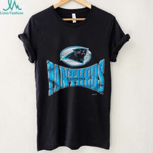 1996 Carolina Panthers Vintage Black Logo 7 Squeeze Spellout Logo NFL Shirt