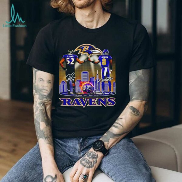 Baltimore Ravens R. Lewis and Jackson signature city skyline shirt