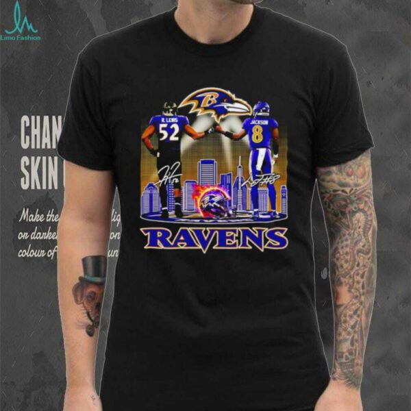 Baltimore Ravens R. Lewis and Jackson signature city skyline shirt