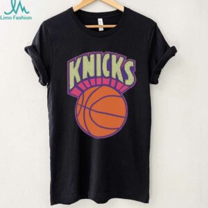 New York Knicks Mitchell & Ness Light Blue Hardwood Classics Arctic Sunset Neon Retro Logo T Shirt