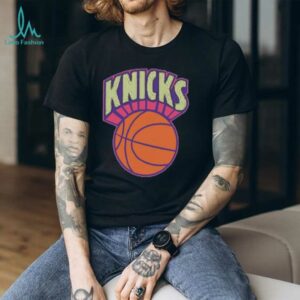 New York Knicks Mitchell & Ness Light Blue Hardwood Classics Arctic Sunset Neon Retro Logo T Shirt