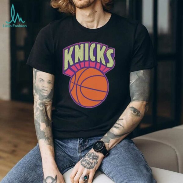 New York Knicks Mitchell & Ness Light Blue Hardwood Classics Arctic Sunset Neon Retro Logo T Shirt