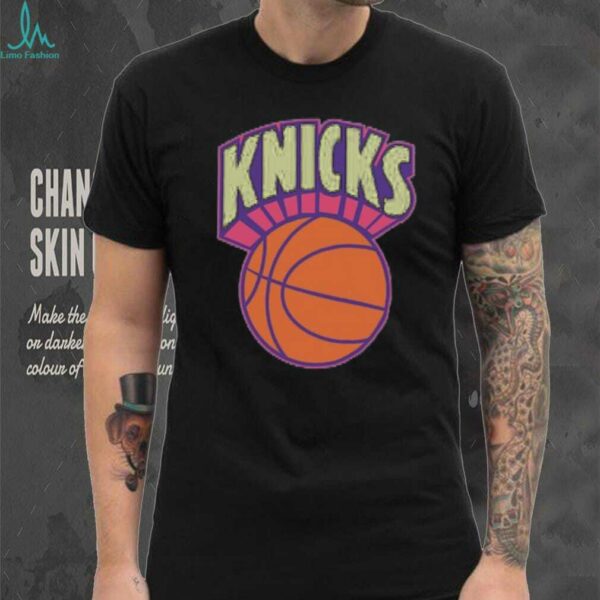 New York Knicks Mitchell & Ness Light Blue Hardwood Classics Arctic Sunset Neon Retro Logo T Shirt