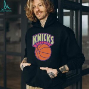 New York Knicks Mitchell & Ness Light Blue Hardwood Classics Arctic Sunset Neon Retro Logo T Shirt