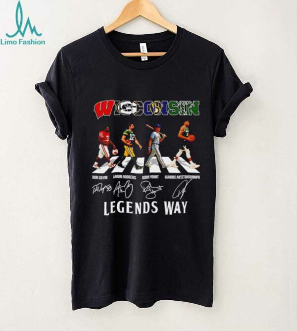 Wisconsin Ron Dayne Aaron Rodgers Robin Yount Giannis Antetokounmpo legends way abbey road signatures shirt
