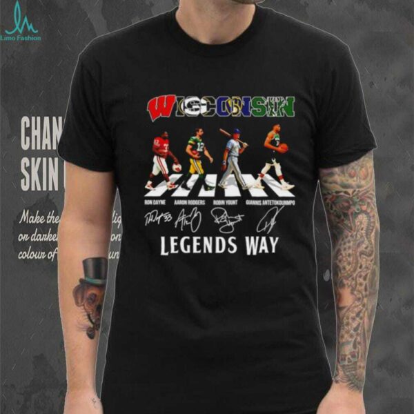 Wisconsin Ron Dayne Aaron Rodgers Robin Yount Giannis Antetokounmpo legends way abbey road signatures shirt