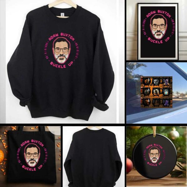 Adam Buxton big face Buckle Up cartoon shirt