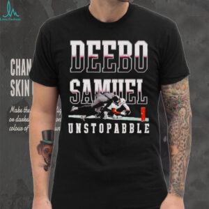 Deebo Samuel Unstoppable football player reaching for pylon shirt