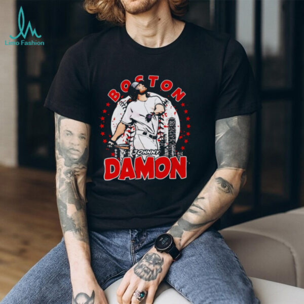 Johnny Damon Boston skyline celebration shirt