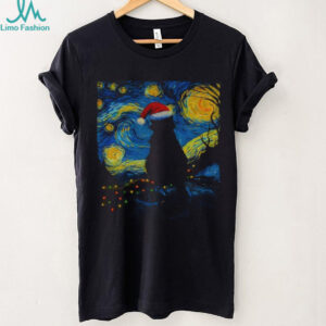Official Black cat Santa hat Starry Night 2025 t shirt