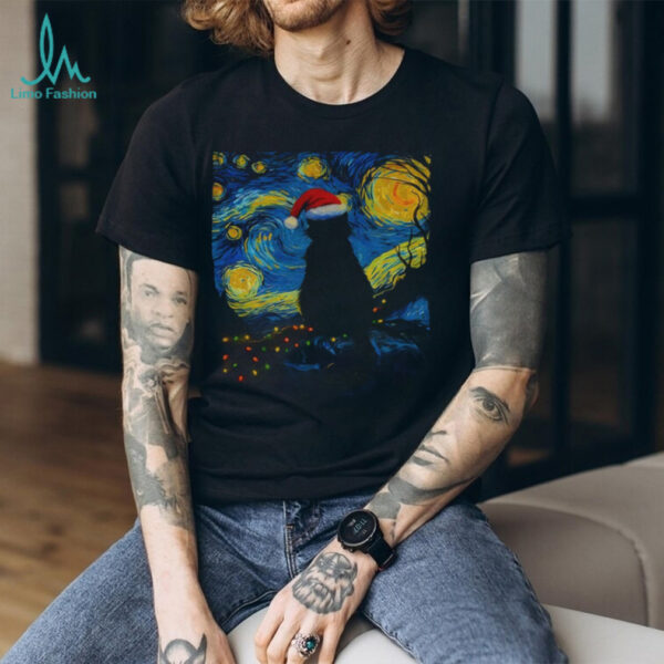 Official Black cat Santa hat Starry Night 2025 t shirt