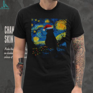 Official Black cat Santa hat Starry Night 2025 t shirt