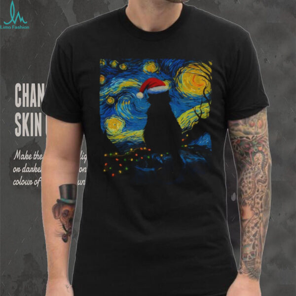 Official Black cat Santa hat Starry Night 2025 t shirt