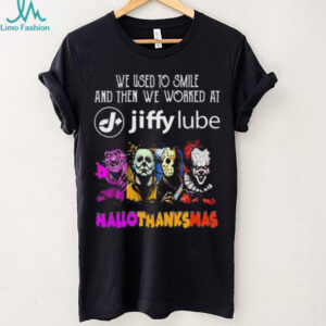 Official Horror Characters We Used To Smile And Then We Worked At Jiffy Lube Hallothanksmas 2025 Shirt