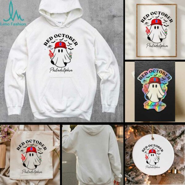 Philadelphia October Baseball Ghost with Coffee Halloween Red October shirt