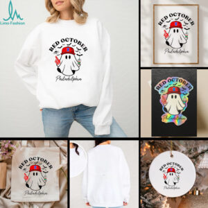 Philadelphia October Baseball Ghost with Coffee Halloween Red October shirt
