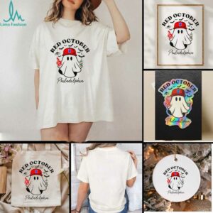 Philadelphia October Baseball Ghost with Coffee Halloween Red October shirt