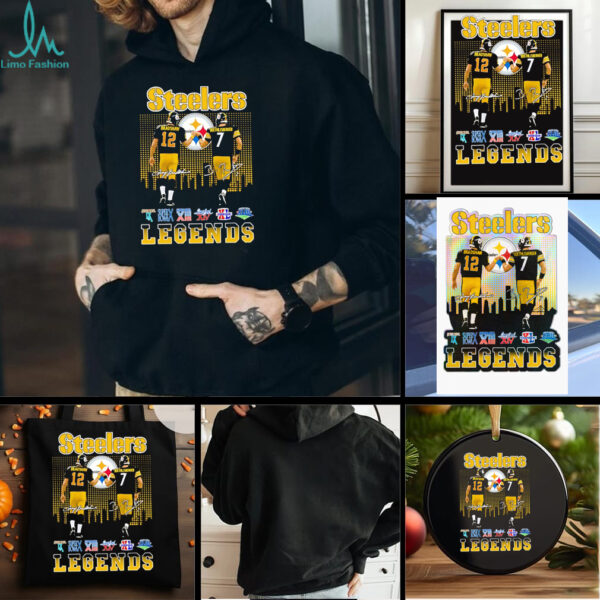 Pittsburgh Steelers city skyline Bradshaw and Roethlisberger legends Super Bowl signatures shirt