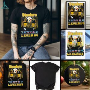 Pittsburgh Steelers city skyline Bradshaw and Roethlisberger legends Super Bowl signatures shirt