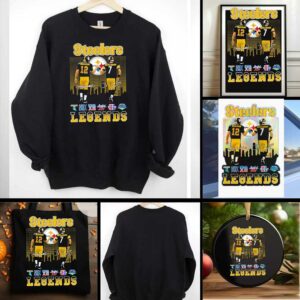 Pittsburgh Steelers city skyline Bradshaw and Roethlisberger legends Super Bowl signatures shirt