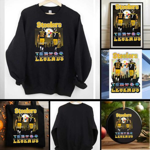 Pittsburgh Steelers city skyline Bradshaw and Roethlisberger legends Super Bowl signatures shirt