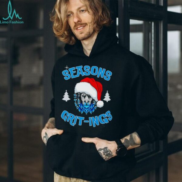 Seasons Grit ings blue fur lion wearing Santa hat Christmas trees shirt