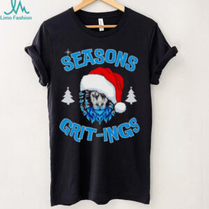 Seasons Grit ings blue fur lion wearing Santa hat Christmas trees shirt