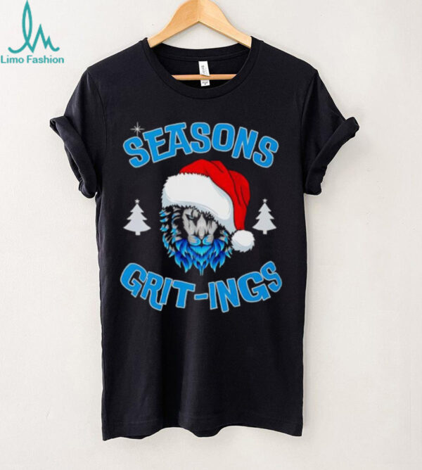 Seasons Grit ings blue fur lion wearing Santa hat Christmas trees shirt