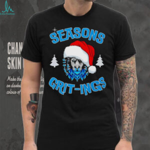 Seasons Grit ings blue fur lion wearing Santa hat Christmas trees shirt