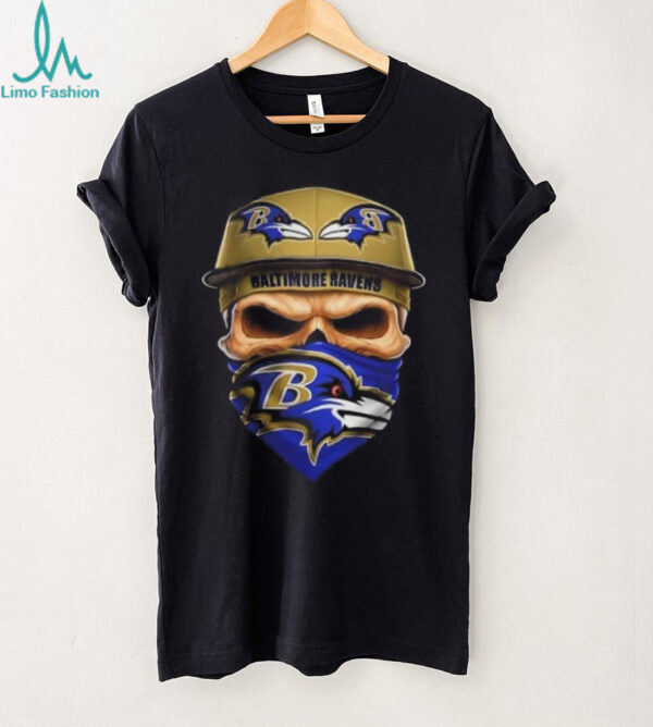 Skull wearing a face scarf Baltimore Ravens football shirt