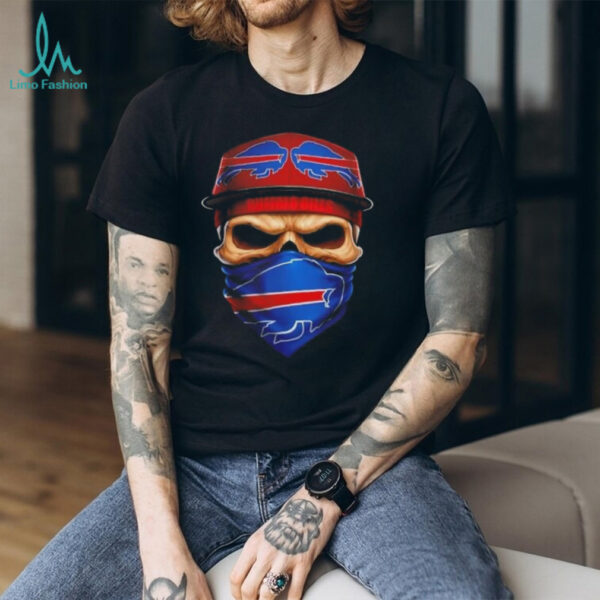 Skull wearing a face scarf Buffalo Bills football shirt