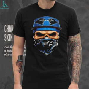 Skull wearing a face scarf Carolina Panthers football shirt