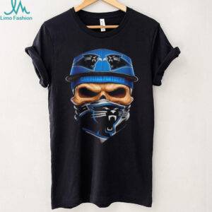 Skull wearing a face scarf Carolina Panthers football shirt